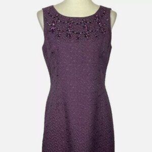 'Jewel'-embellished cocktail sheath dress in purple plum brocade fabric